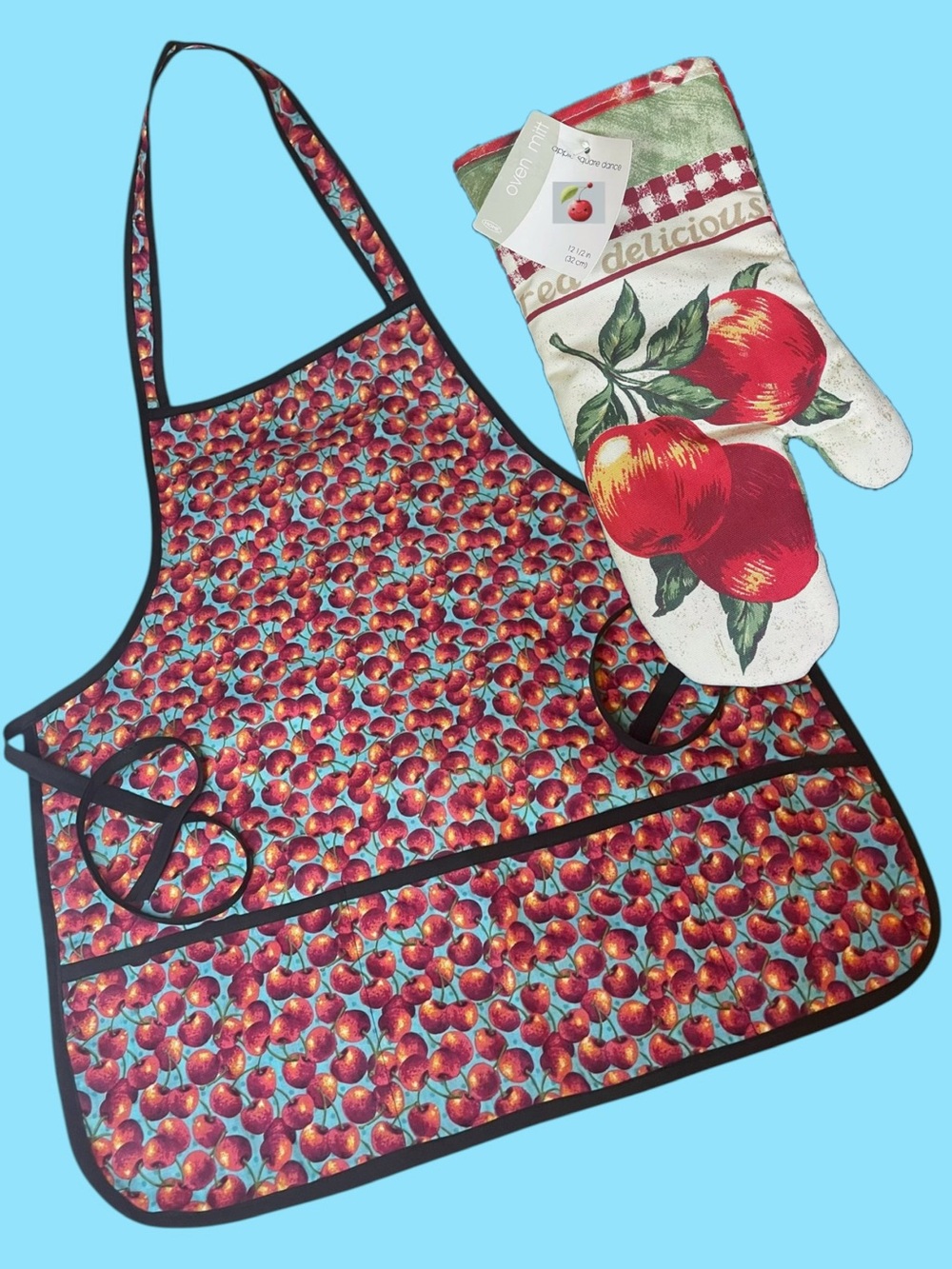 Kitchen Cherry Apron &  Apple Oven Mitt Blue Red Green Cooking Baking NEW NWT